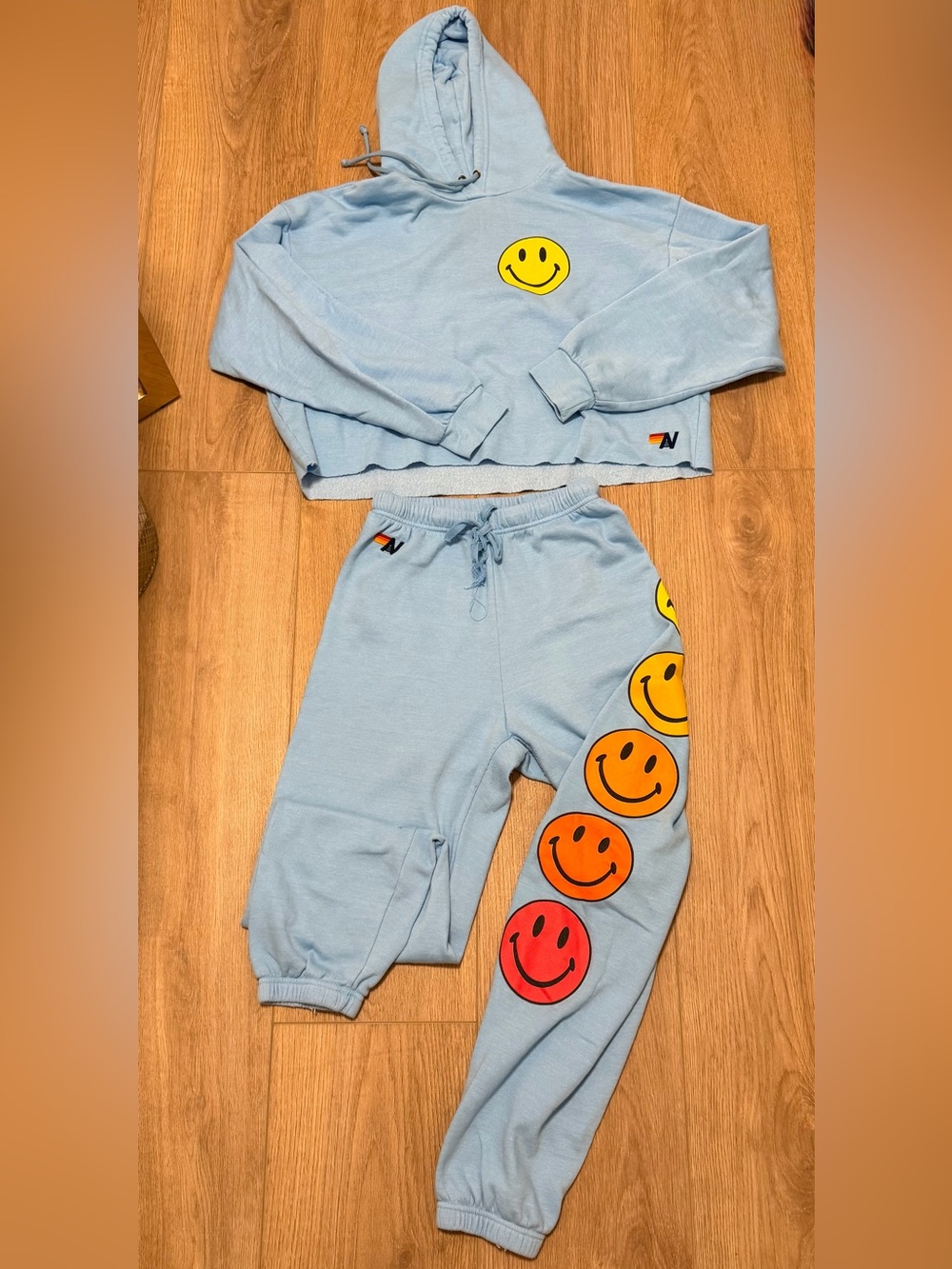 Aviator Nation Pale Blue Smiley Face Hoodie & Joggers Set - Picture 1 of 5